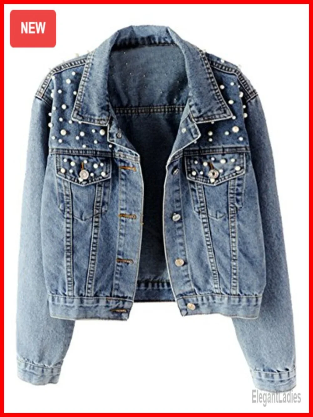 Embroidered Pearl Denim Jean Jacket Coat